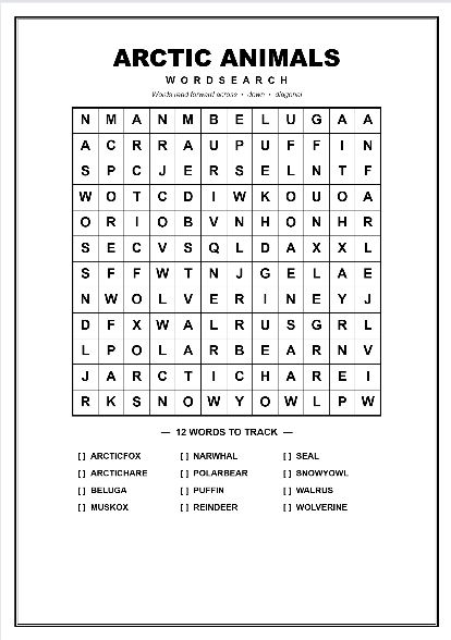 Printable arctic animals word search puzzle worksheet preview