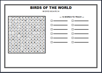 Birds Word Search Worksheet Preview