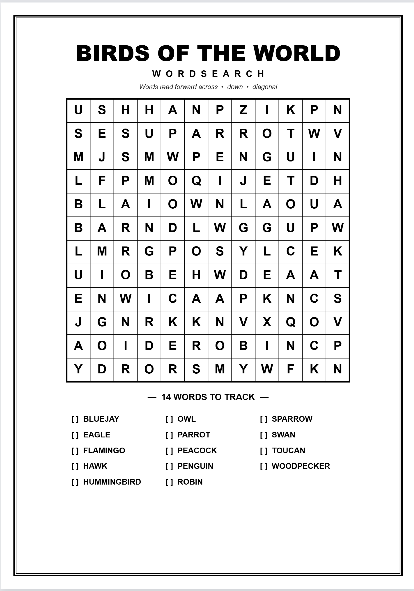 Printable birds word search puzzle worksheet preview