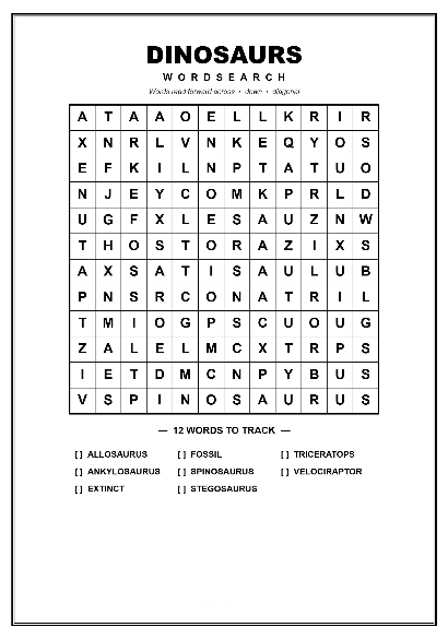 Printable dinosaur word search puzzle worksheet preview