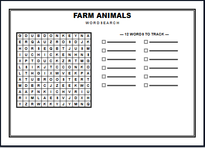 Farm Animals Word Search Worksheet Preview