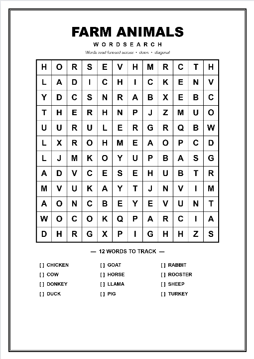 Printable farm animals word search puzzle worksheet preview