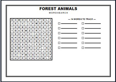 Forest Animals Word Search Worksheet Preview