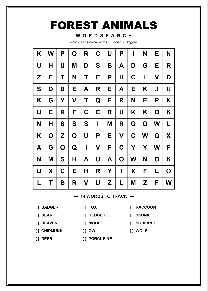 Printable forest animals word search puzzle worksheet preview