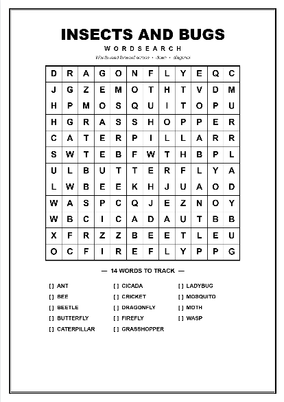 Printable insects and bugs word search puzzle worksheet preview
