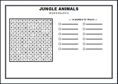 Jungle Animals Word Search Worksheet Preview
