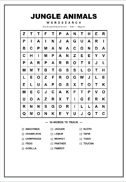 Printable jungle animals word search puzzle worksheet preview