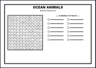 Ocean Animals Word Search Worksheet Preview