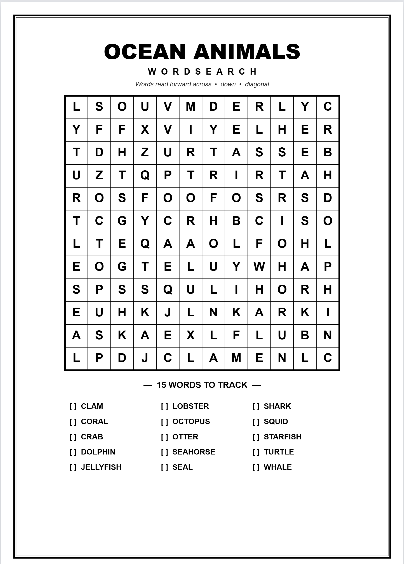 Printable ocean animals word search puzzle worksheet preview