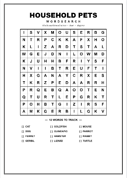 Printable pets word search puzzle worksheet preview