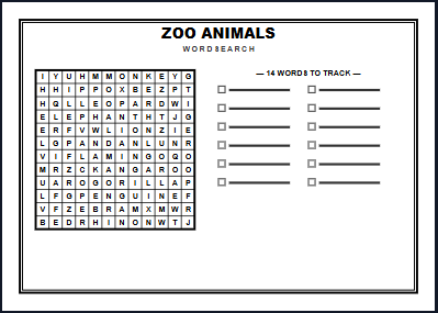 Zoo Animals Word Search Worksheet Preview