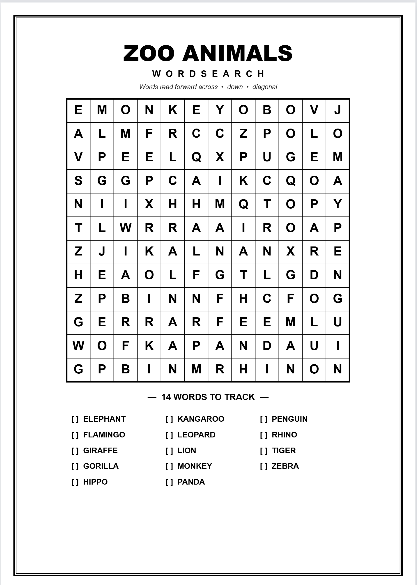 Printable zoo animals word search puzzle worksheet preview